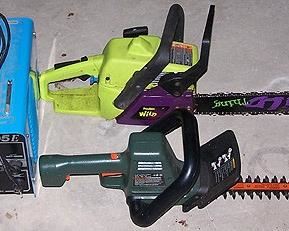 Clarke Wled 95E 120 v welder, Poulan chain saw, Black and Decker hedge trimmer