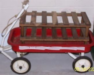 Child's wagon, oak stacking shelves