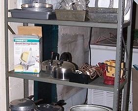 Large metal shelf, kitchen items