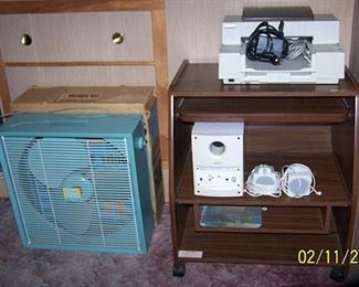 Vintage window fan, rolling computer desk