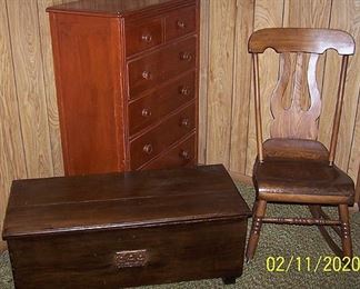 High boy dresser, early rocker and wood chest