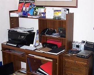 Computer desk, oak filing cabinet, printer, signed and numbered print