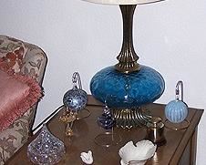 1 of 2 end tables, 1 of 2 matching blue lamps