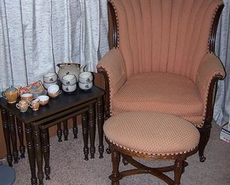 Wing back chair, Victorian foot stool, stacking tables