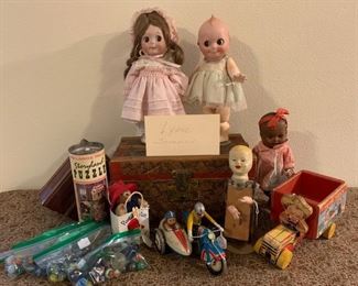 Artist dolls, Antique Marbles and toys. 