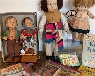 Antique Lenci, Hummel, Kewpie dolls. Collectible books. 