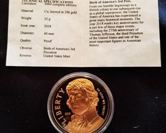 Birth of America's 3rd President Gold Layered Coin