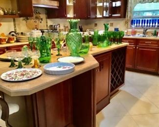 Kitchen, beautiful green and blue glass, 3 sets of dishes