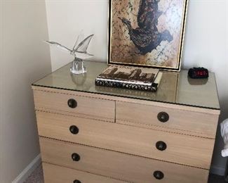 Mid-century 5-drawer chest - matched set of 2 available, batik framed print, blown glass and Detroit books