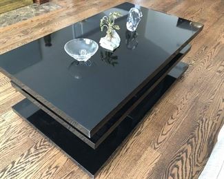 Black lacquer coffee table - mid-century styling, Steuben bowl and more