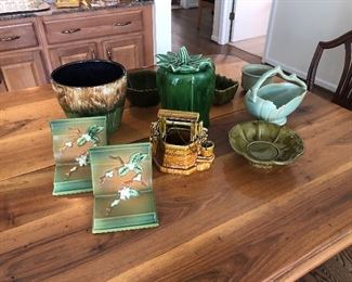 Roseville and McCoy Pottery:  wishing-well cachet pot, handled planter, bookends, and green pepper cookie jar, and more!