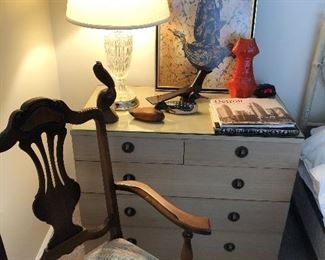 Mid-Century ceramics, wood decoys, Batik print and more - another view of armchair and Mid-Century chests/nightstands - ALL in excellent condition