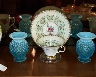Cups & Saucers & Fenton Blue Hobnail Small Vases