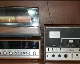 Vintage Garrard Record Player, Sansui Stereo Tuner Amplifier, Tech Stereo Cassette Deck and Advent Cassette Recorder