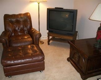 Leather chair with ottoman; needs some TLC, but is very comfy