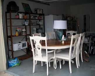 White dining table with natural top, one leaf and six chairs