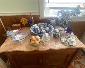 $6./ITEM     ITEMS ON MARBLE TOP TABLE     $18.   BLUE WASH BOWL AND BOWL            