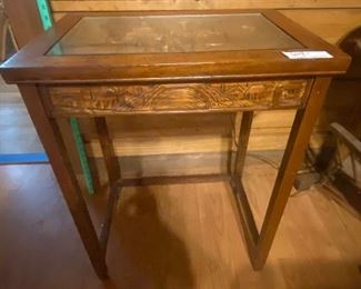 $32.   CHINESE ENGRAVED TOP/SIDES GLASS TOP SIDE TABLE.  (PG. 2)