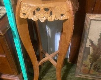 $12.  WOODEN CARVED MARBLE INLAID PEDISTLE TABLE