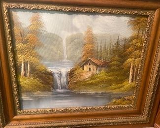 $27.    29X27 OIL PAINTING   CABIN AT WATERFALL