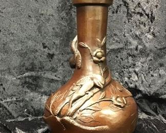 High relief bronze vase, sculptured surface of birds on flowering branches. Unmarked. 8”