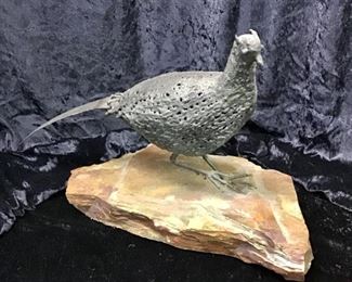 Texas artist, Siggi Munk. Modernist – Mid Century welded art sculpture on Texas river rock. Burnished globular finish. Pheasant.