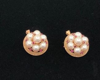 Cultured pearl and ruby brooch/pendant. Set in 14 KT yellow gold. Two available.
