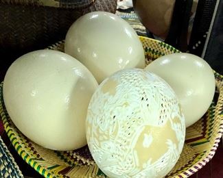 Ostrich eggs. Some carved.
