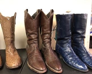 MEN’S BOOTS Sizes 10 – 10-1/2, most handmade.
Crocodile, Alligator, Caiman Belly, Ostrich, Hornback Lizard, Stingray, Elephant, Sharkskin, Cape Buffalo, Argentine Riding Boots.