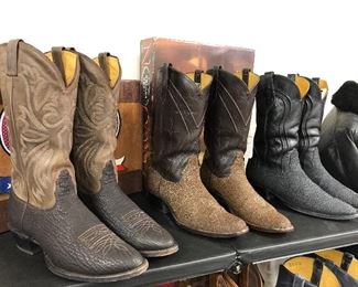 MEN’S BOOTS Sizes 10 – 10-1/2, most handmade.
Crocodile, Alligator, Caiman Belly, Ostrich, Hornback Lizard, Stingray, Elephant, Sharkskin, Cape Buffalo, Argentine Riding Boots.