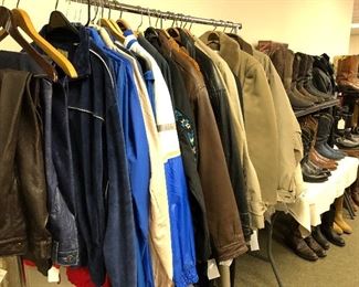 Men’s coats including London Fog andJoseph Abboud. Leather and suede jackets. Vintage OP and Izod Lacoste wind breakers. Men’s vintage leather pants.