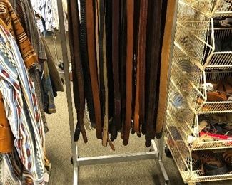 Large variety of men’s size 32-36 leather, suede and faux leather belts.
