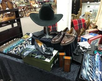Men’s ties, cummerbunds and bow ties, pocket squares and Ferragamo shoes.