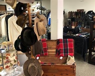 Men’s hats from all over the world. Beautiful red cedar chest with copper and brass trim and hardware. Vintage wool blankets/ throws.