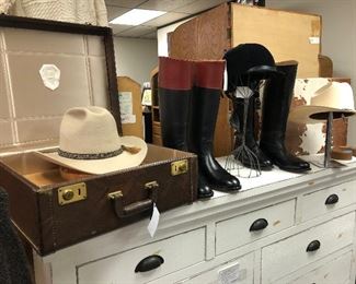 Vintage mink Resistol cowboy hat with horsehair band and collectible hat box. Leather Riding boots and helmet. Vintage Resistol shantung Panama cowboy hat.