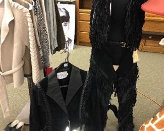 Victoria, San Antonio, Houston Livestock black leather fringe Western Wear. Chaps, Vest, Jacket