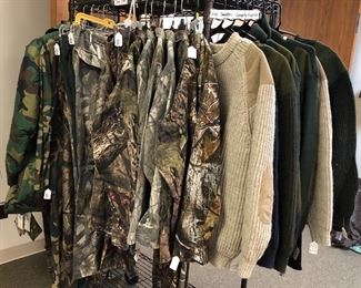 Sports/Camo/Hunting, many new/unworn. Orvis, Cabela’s, George Stafford, Travel Smith, Wooleyback, Red Head, Magellan, Columbia, Mossy Oaks, The North Face, Pendleton, Woolrich Willis & Geiger, Boyt, Thomas Cook, Filson