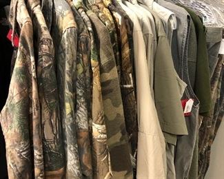 Sports/Camo/Hunting, many new/unworn. Orvis, Cabela’s, George Stafford, Travel Smith, Wooleyback, Red Head, Magellan, Columbia, Mossy Oaks, The North Face, Pendleton, Woolrich Willis & Geiger, Boyt, Thomas Cook, Filson