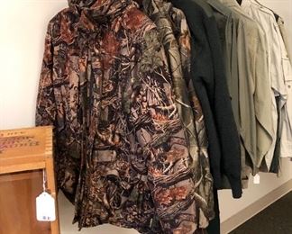 Sports/Camo/Hunting, many new/unworn. Orvis, Cabela’s, George Stafford, Travel Smith, Wooleyback, Red Head, Magellan, Columbia, Mossy Oaks, The North Face, Pendleton, Woolrich Willis & Geiger, Boyt, Thomas Cook, Filson