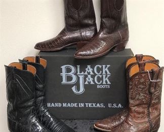 Handmade black alligator boots, Black Jack handmade caiman belly boots, Rocketbuster handmade tooled leather Patronus Cloe boots.