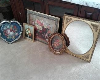 Framed Art, Flowers, and Mirror