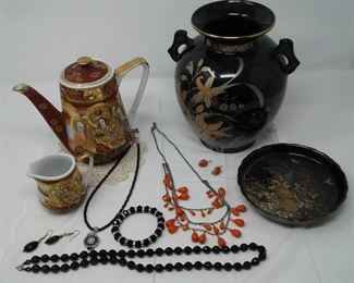 Oriental Themed Vase, Teapot Set, Tray, and Jewelry Sets