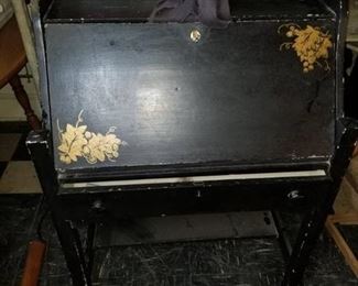 Black Secretary Desk with Drawers and Crackle Paint , Vine Decor on It