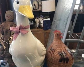 Ceramic Swan and Wooven Chicken Decor Lot