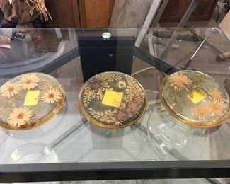 Lot of 3 Vintage Trivets with Flowers Inside