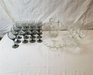 Lot of Glassware, Cake Stand, Water Pitcher and Wine Glasses