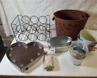 Lot of Metal Decor, Flower and Garden Tins, Wine Rack, Heart Light and More