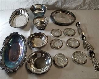 Lot Of Silver Plated Dishwear , Plates , Platters , Ashtrays, Serrated Spoons and Bowls