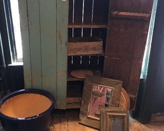 Pie safe. Vintage primitive cabinet. Country. Vintage mirrors, flower pots.