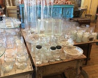 Glass. Vases. Jars. Wooden vintage trunks. Primitive. 
